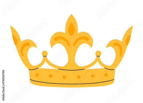 Crown icon. Golden royal jewels headdress. Symbol of king, queen, prince and princess. Aristocratic, coronation, monarchy concept. Hand drawn flat vector illustration on white background