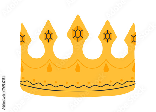Crown icon. Golden royal jewels headdress. Symbol of king, queen, prince and princess. Aristocratic, coronation, monarchy concept. Hand drawn flat vector illustration on white background