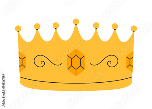 Crown icon. Golden royal jewels headdress. Symbol of king, queen, prince and princess. Aristocratic, coronation, monarchy concept. Hand drawn flat vector illustration on white background