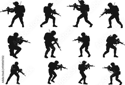 Silhouettes of armed soldiers in tactical poses with rifles, helmets, and gear—ideal for military, combat, patrol, and training designSilhouettes of armed 