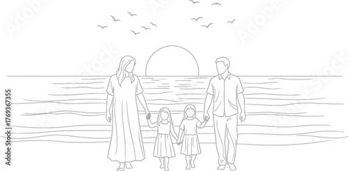 Stylized black and white line drawing of a couple standing on a pier with a small arched structure and birds flying overhead reflected in calm water