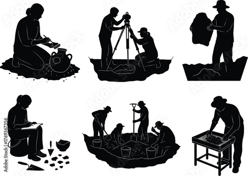 Silhouettes of Archaeologists Excavating, Surveying, Analyzing Artifacts and Recording Data at an Archaeological Dig Site for Historical Research