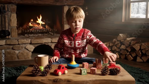 Child playing with toys by a fireplace