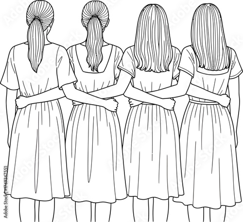 Four women in elegant vintage dresses with elaborate hairstyles standing together in a line seen from the back in a sketch