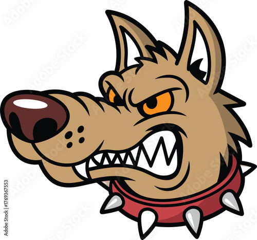 Angry wolf mascot illustration, fierce wild animal head with spiked collar, cartoon design for sports logo, gaming, and team identity.