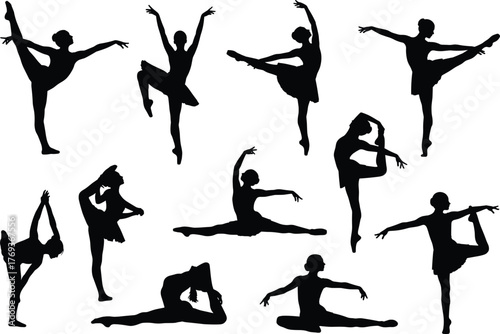 Silhouettes of ballet dancers performing elegant poses and stretches, graceful vector illustration for dance, fitness, flexibility, and art design concepts.