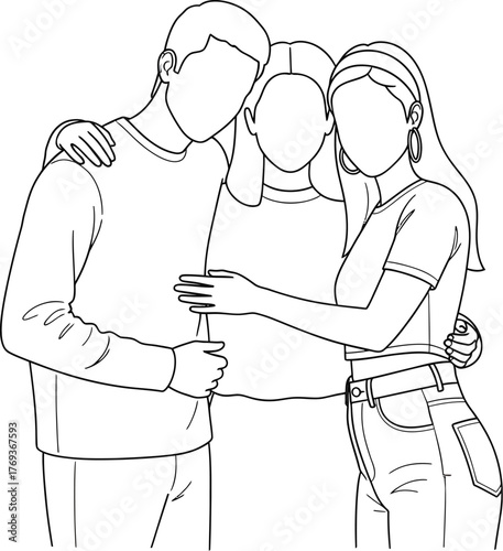 A loving family portrait sketch of parents embracing their teenage daughter with warmth and affection in a simple line art style