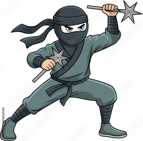 Cartoon ninja warrior illustration, stealth fighter in action pose, Japanese martial artist with shuriken, samurai spirit concept, combat animation design