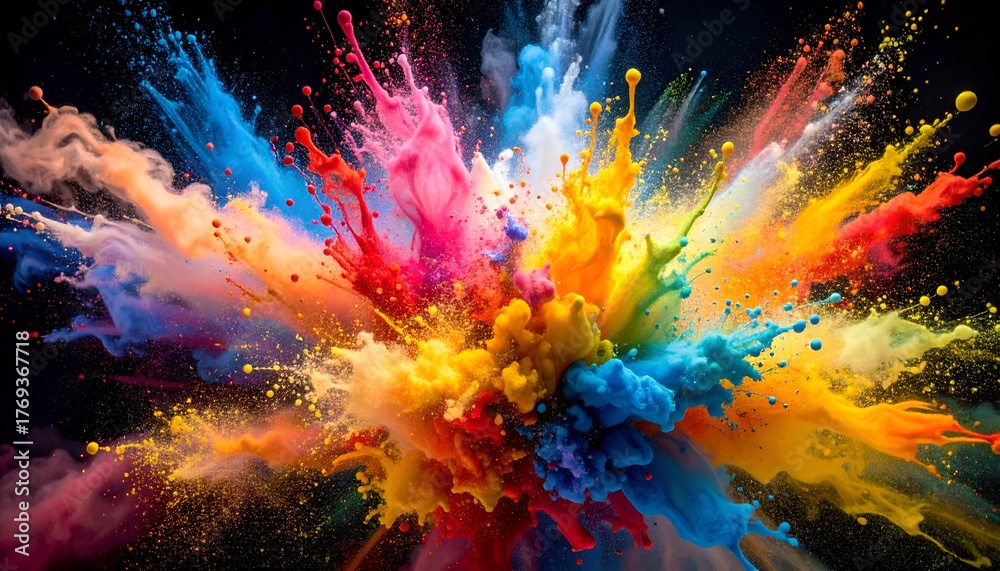 Naklejka premium A vibrant, exploding cloud of colorful powder against a dark backdrop, full of energy