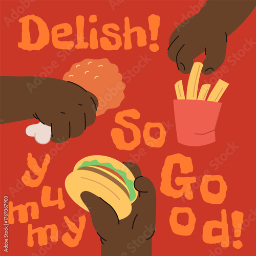 Set of black children hands holding nuggets, hamburger and french fries on bright background