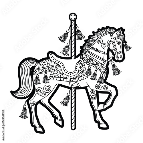 Intricate black and white carousel horse illustration