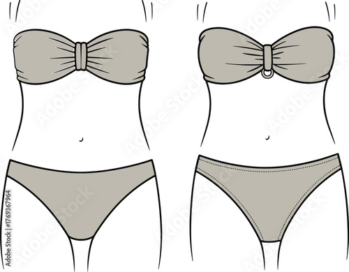 Fashion technical flat of women’s bikini set with strapless bandeau top and briefs, swimwear design illustration for beachwear and summer style