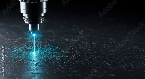 Precision engineering concept showing a focused beam transferring complex digital instructions onto a raw metallic alloy surface for new function ,digital ,material ,structure