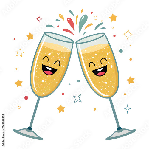 Two clinking glasses in emoji style representing a toast or celebration, isolated on a clean white background