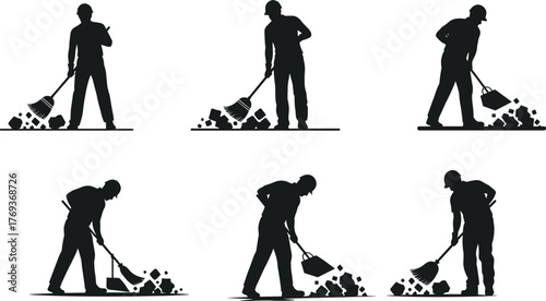 Construction worker silhouettes digging with shovel, laborers working on site, hard work, manual labor, men at work illustration, vector design, industry background