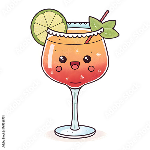 A colorful cocktail glass in emoji style with garnish and vibrant drink, isolated