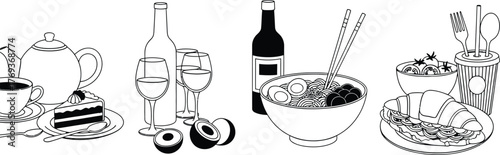 Food and drink illustration featuring tea wine ramen and croissant