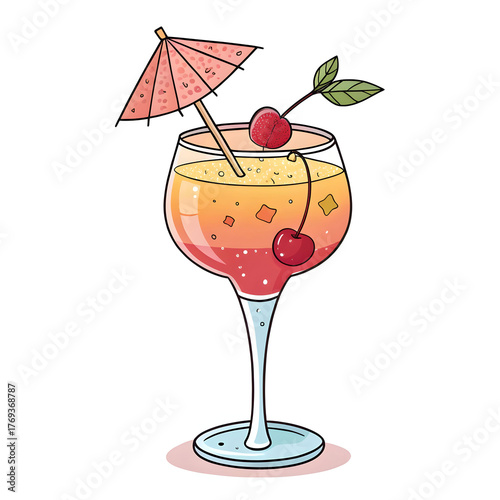 A colorful cocktail glass in emoji style with garnish and vibrant drink, isolated