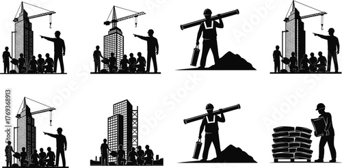 Construction workers and engineers at building site with cranes, teamwork planning industrial development project, architecture structure construction silhouette illustration scene