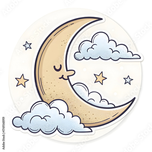 Crescent moon with soft clouds in sticker style design representing night sky, isolated