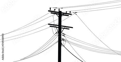 Silhouette of electric power pole with multiple wires, black and white vector illustration of utility line structure, communication and electricity concept