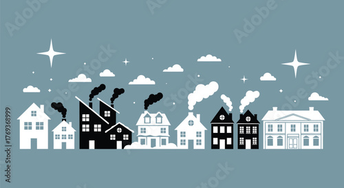 Pollution vector illustration of houses and factories graphic