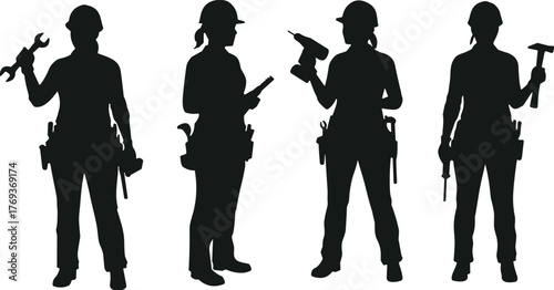 Silhouette of female construction workers holding tools, women engineers and builders illustration, professional labor concept, teamwork and industrial occupation design