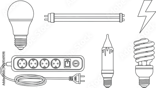 Different types of light bulbs and power strip line art design