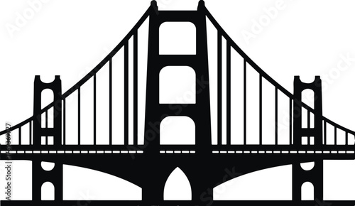 Suspension bridge silhouette illustration, modern architecture landmark, urban transportation design, engineering structure symbol, iconic city infrastructure for travel and construction themes.