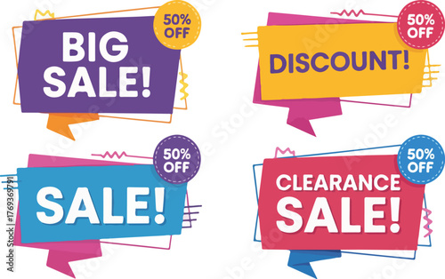 Assorted sale banners with fifty percent off sale, discount, clearance, big, fifty, off, banners, purple, yellow, blue, pink, red, promotion, marketing, advertising, retail, shopping, offer, deal, 