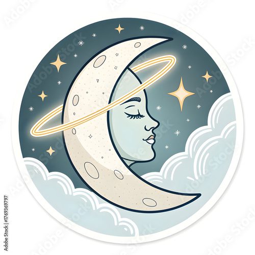 Crescent moon with glowing halo in sticker style, symbolizing night and serenity, isolated on a clean white
