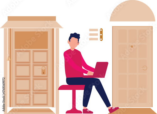 The boy is  working at door way.