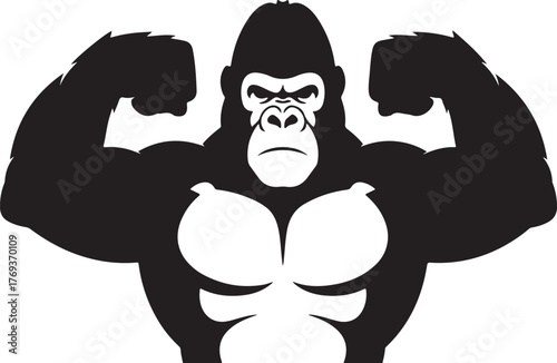 A gorilla flexing its muscles in black and white