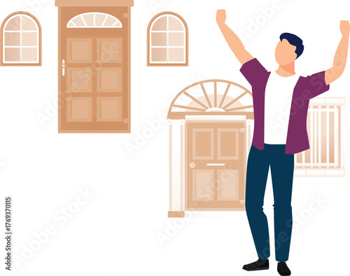 Photos The boy is happy to looks doorway