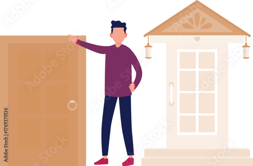 The boy is holding door.