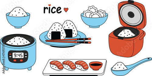 Rice dishes and rice cookers japanese food illustration art