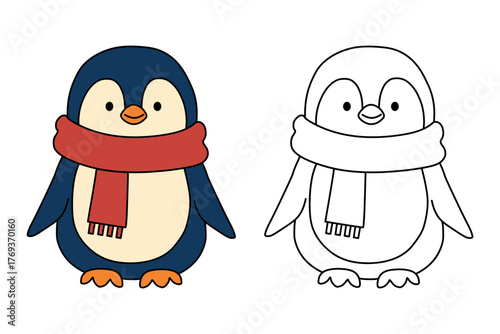 Cute penguin wear scarf coloring pages for kids printable vector