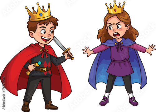 Kids dressed as king and queen, boy holding sword, girl arguing, royal costume play, children acting medieval fantasy characters