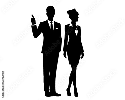 silhouette of a flight attendant and a stewardess standing, icon isolated on a white background
