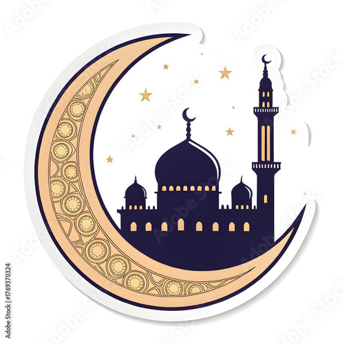 Crescent moon with mosque silhouette in sticker style, representing Islamic culture and spirituality, isolated on a