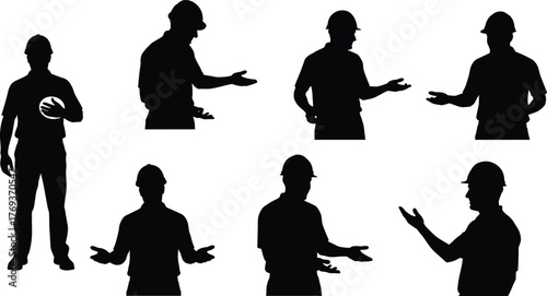 Silhouette construction workers discussing project, engineers communication concept, teamwork coordination, industrial planning illustration, safety management, vector design for business presentation