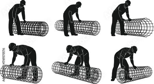 Silhouette construction workers handling steel rebar mesh, industrial labor concept, building foundation reinforcement, heavy work illustration, vector design for construction industry