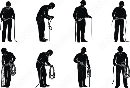 Silhouette of construction worker handling and coiling rope, industrial safety concept, labor skill, occupational work process illustration, professional worker