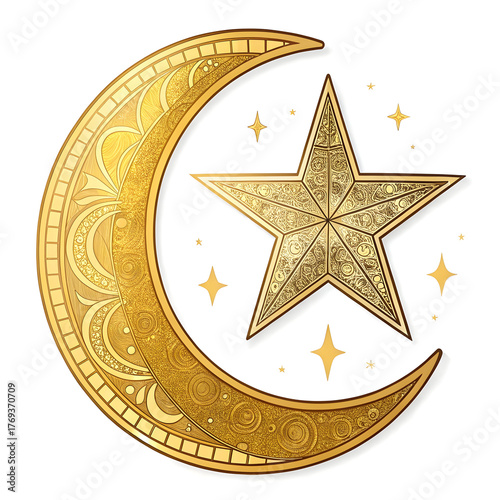 Golden crescent moon with shining star in sticker style, symbolizing night and spirituality