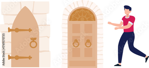 The boy is showing about doorway.