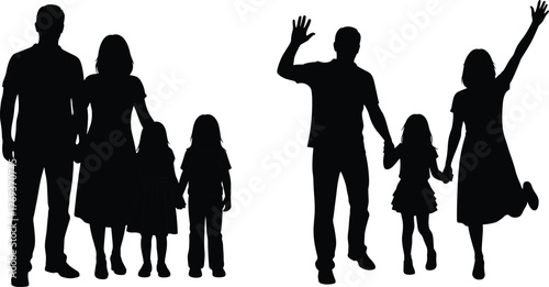 Silhouette of happy family with parents and children holding hands, togetherness concept, love, unity, joyful family life illustration