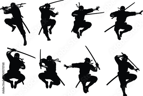 Silhouettes of ninjas in dynamic sword poses, showcasing martial arts action, agility, combat motion, and traditional Japanese warrior style