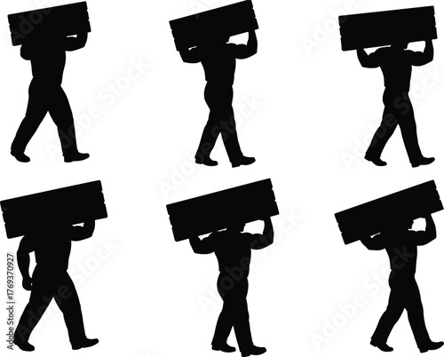 Silhouette of workers carrying heavy wooden planks, construction labor concept, teamwork strength, industrial workforce, physical hard work illustration