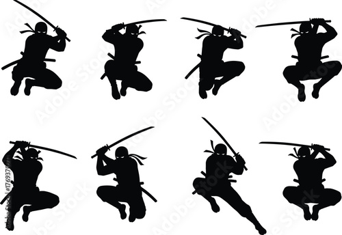 Silhouettes of ninjas in mid-air katana poses, showcasing martial arts action, agility, stealth, combat readiness, and traditional warrior styleSilhouettes of 