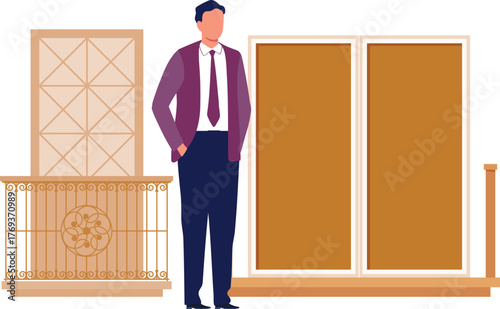 The boy is standing next to window